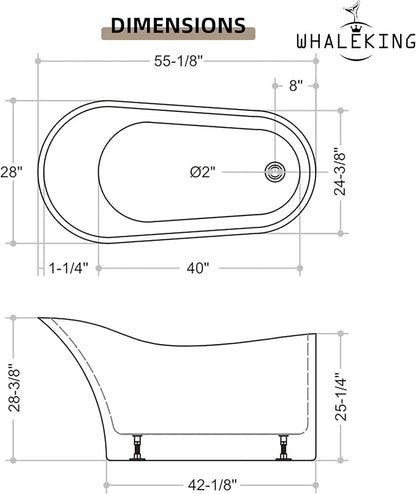 55" Freestanding Slipper Soaking Bathtub, WHALEKING Luxury Curve Edge Stand Alone Free Standing Deep Acrylic Tub with Chrome Overflow and Drain, Glossy White