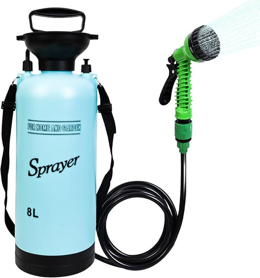 2.1 Gallon Portable Shower for Camping with 7 Spray Modes, Camping Shower for Beach Shower, Car Shower, Hand Press with Removable Hose and Shower Head (Blue)