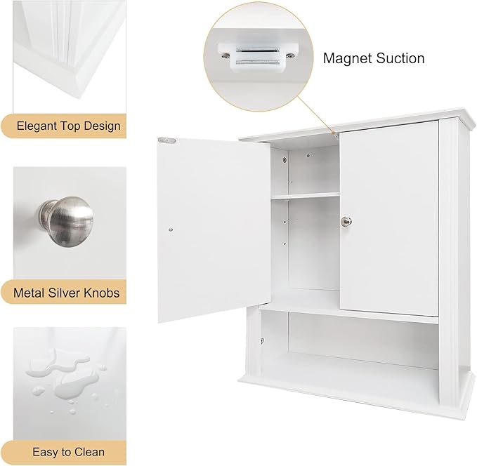 White Wall Cabinet, Over The Toilet Storage Cabinet, Bathroom Cabinet Wall Mount, 2 Doors & Hooks, Medicine Cabinet Organizer, Hanging Wall Cabinet Cupboard for Kitchen Laundry Room White