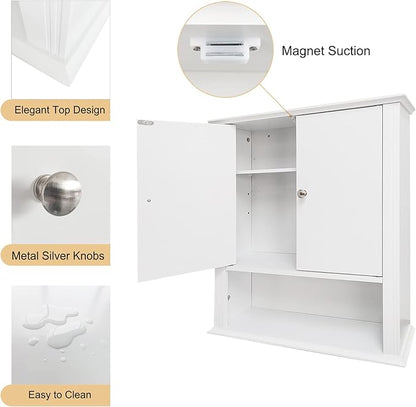 White Wall Cabinet, Over The Toilet Storage Cabinet, Bathroom Cabinet Wall Mount, 2 Doors & Hooks, Medicine Cabinet Organizer, Hanging Wall Cabinet Cupboard for Kitchen Laundry Room White