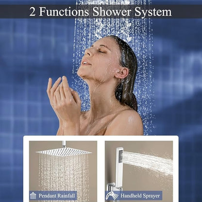 16 Inch Polished Chrome Ceiling Mount Shower System Bathroom Luxury Rain Mixer Shower Combo Set Ceiling Rainfall Shower Head System Faucet Contain Rough-in Valve and Trim Included