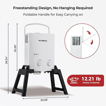 CAMPLUX Outdoor Portable Propane Caming Water Heater 1.32 GPM with Pump Pack Kits, Freestanding Stand & Carry Bag, AY132Max, White