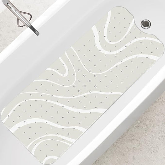 SHUCHING White Minimalist Lines Bath Mat for Tub Non Slip-40 X 16Inch, Bathtub Mat Anti Slip, Extra Long Shower Mat for Bathroom Mold Free, Machine Washable