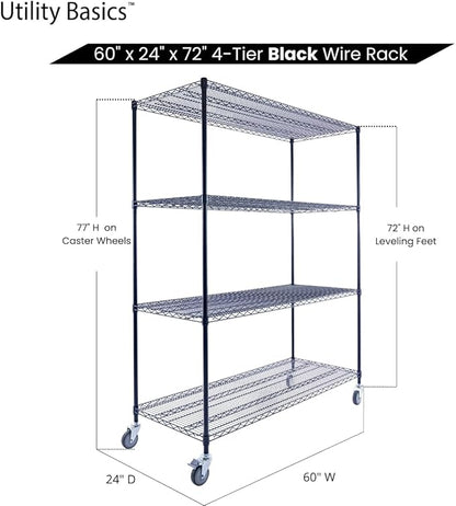 NSF Commercial 4-Tier Wire Shelving with Wheels, 60"x24"x72" Heavy Duty Metal Shelves 3200 lbs Max Capacity, Black Storage Rack for Garage Kitchen Pantry Warehouse