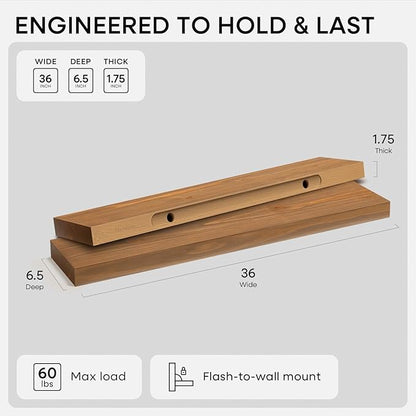Homeforia 36 inch Golden Oak Floating Shelf, High End Solid Real Wood 36inch Small Floating Shelves for Wall Mounted, Oak Wooden 36in Floating Shelves, Heavy Duty Bracket, 36 X 6.5 X 1.75 in, Set of 2