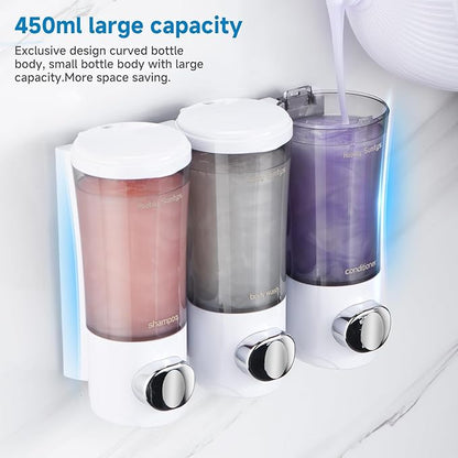 Shampoo and Conditioner Dispenser No Drill Shower Soap Dispenser Wall Mounted Shower Dispenser 3 Chamber with Upgrade Smooth Pump Head Bathroom Body Wash Soap Dispenser Set 450ml*3 White