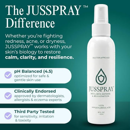 JusSpray™ Hypochlorous Acid Skin Defense Mist – 4 oz Spray for Sensitive Skin, Acne, Comfort & Piercing Aftercare, Gentle Face & Body Toner, Redness Reduction, Suitable for All Skin Types