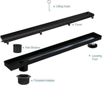 Offset Linear Shower Drain, Black Shower Drain 32 inch with 2-in-1 Tile Insert Cover, Brushed 304 Stainless Steel Side Outlet Black Shower Floor Drain with Hair Catcher and Adjustable Feet
