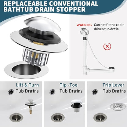 Upgraded 2 in 1 Bathtub Drain Stopper, Pop Up Tub Drain Hair Catcher, Anti Clogging Tub Drain Stopper, Replaces Lift and Turn, Tip-Toe and Trip Lever drains for Tub, Easy Install and Clean