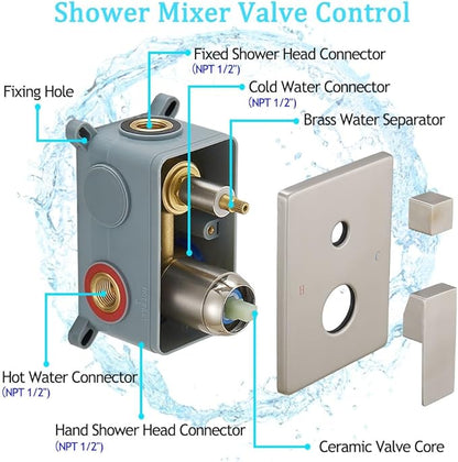 Shower Faucet Combo Set with Shower Spray Wand Large 12 Inch Shower Head Brushed Nickel Surface High Pressure with Rough-in Valve, Brushed Nickel