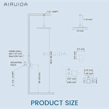 Airuida Shower Faucet Set and Handle Set Single Function Shower Trim Kit Ceiling Mount Rainfall Shower System with Male Threads and Rough-in Valve 12 Inch Square Shower Head Brushed Nickel