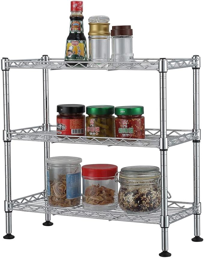 3 Tier Storage Racks Shelving, Heavy Steel Pantry Shelves, Adjustable Wire Shelving Rack, Suitable for Garage, Kitchen, Bathroom, Office, 18" W x 8" D x 18" H, Chrome