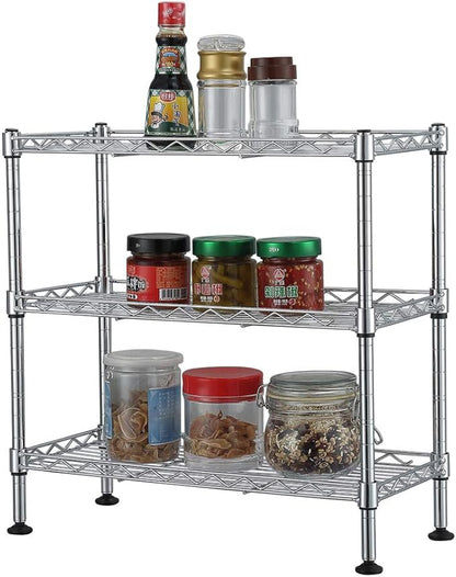 3 Tier Storage Racks Shelving, Heavy Steel Pantry Shelves, Adjustable Wire Shelving Rack, Suitable for Garage, Kitchen, Bathroom, Office, 18" W x 8" D x 18" H, Chrome