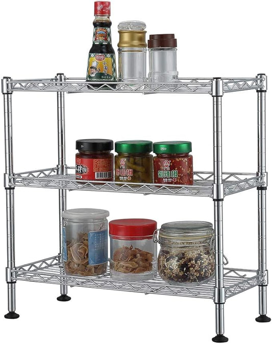 3 Tier Storage Racks Shelving, Heavy Steel Pantry Shelves, Adjustable Wire Shelving Rack, Suitable for Garage, Kitchen, Bathroom, Office, 18" W x 8" D x 18" H, Chrome