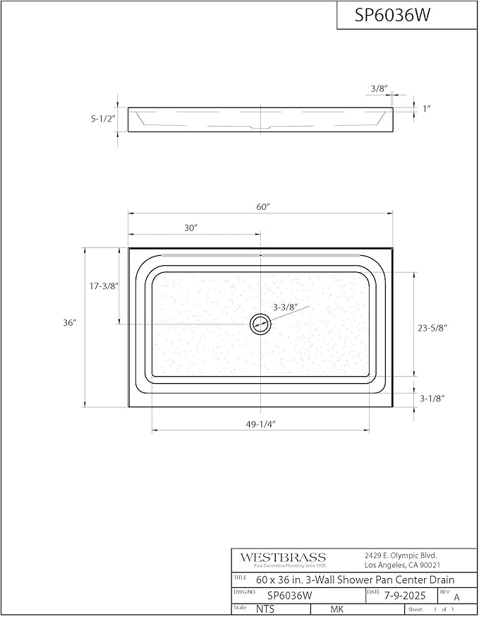 Westbrass SP6036WP-12 60" x 36" 3-Wall Shower Pan with Plastic Center Drain and 4-1/4" Cross Grid Brass Drain Cover, Oil Rubbed Bronze