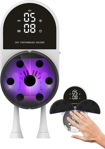 UV Toothbrush Sanitizer Holder & Cleaner with Led Clock Display, Hands-Free Wave Sensing & Dual Toothbrush Storage - Wall Mounted UV Tooth Brush Sanitizer Holder for Bathroom Decor, Fits All Brushes