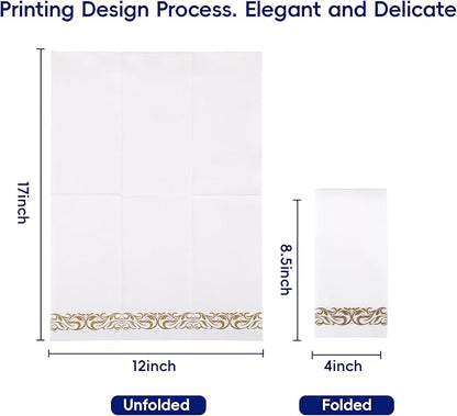 JOLLY CHEF 100 Disposable Hand Towels, Soft and Absorbent Linen Feel Dinner Napkin, Elegant Decorative Paper Guest Towels for Kitchen, Bathroom,Thanksgiving, Weddings,Parties, Gold and White