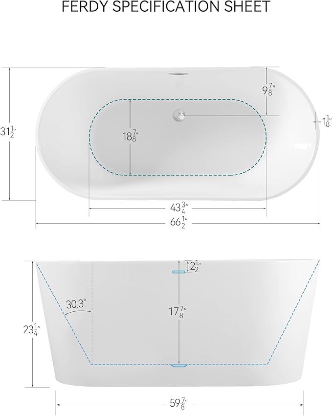 FerdY Luzon 67" Acrylic Freestanding Bathtub, Ergonomic Lightweight Classic Oval Soaking Bathtub with Chrome Drain, Classic Slotted Overflow, Modern White