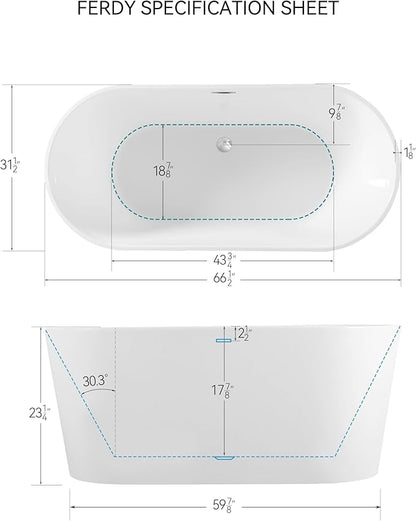 FerdY Shangri-La 67" Acrylic Freestanding Bathtub, Ergonomic Lightweight Classic Oval Soaking Bathtub with Toe-Tap Chrome Drain, Classic Slotted Overflow, Glossy White