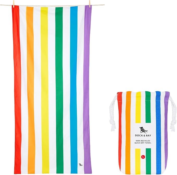 Dock & Bay Beach Towel - Quick Dry, Sand Free - Compact, Lightweight - 100% Recycled - Includes Bag - Summer - Rainbow Skies - Extra Large (200x90cm, 78x35)
