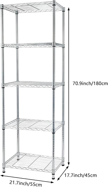 5 Tier Storage Racks Shelving, Heavy Steel Pantry Shelves, Adjustable Wire Shelving Rack, Suitable for Garage, Kitchens, Bathroom, Offices, 21.7" W x 17.7" D x 71" H, Chrome