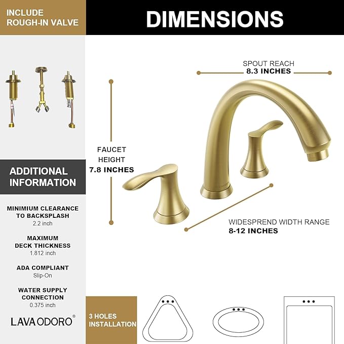 Lava Odoro Brushed Gold Roman Tub Faucet, 2 Handle Bathtub Faucet with Valve, High Flow 8 inch Widespread Deck Mount Tub Faucet, Solid Brass 3 Hole Bath Tub Filler TF405-SG