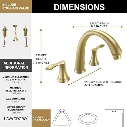 Lava Odoro Brushed Gold Roman Tub Faucet, 2 Handle Bathtub Faucet with Valve, High Flow 8 inch Widespread Deck Mount Tub Faucet, Solid Brass 3 Hole Bath Tub Filler TF405-SG