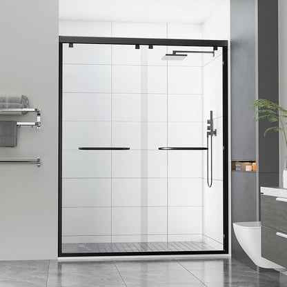 56-60" Wx76 H Semi Frameless Double Sliding Shower Door, 5/16" Tempered Glass&Shatter Proof Film Doubling Safety, Easy Clean Coating&Stainless Steel Hardware, Z-Shaped Water Protection Matte