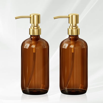 AmazerBath Amber Glass Soap Dispenser, 2 Pack Vintage Brown Bottle with Stainless Steel Pump,17 Oz Hand Dish Soap Dispenser Bottle, Modern Soap Dispensers for Bathroom Kitchen
