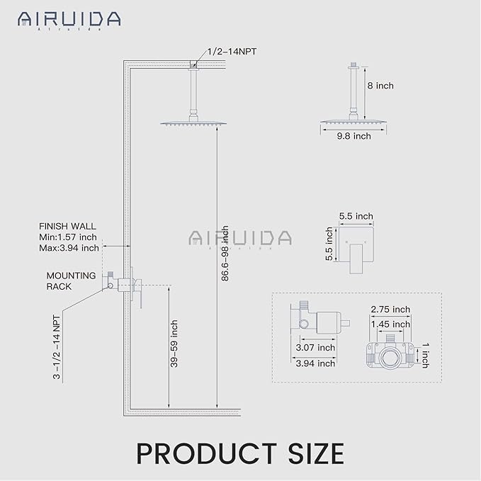 Airuida Shower Faucet Set and Handle Set Single Function Shower Trim Kit Ceiling Mount Rainfall Shower System with Male Threads and Rough-in Valve 10 Inch Square Shower Head Brushed Gold