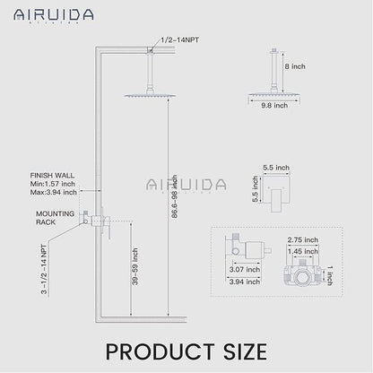 Airuida Shower Faucet Set and Handle Set Single Function Shower Trim Kit Ceiling Mount Rainfall Shower System with Male Threads and Rough-in Valve 10 Inch Square Shower Head Brushed Gold