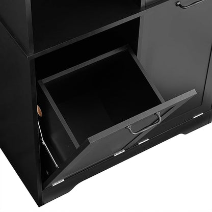 Favfurish 68" Tall Bathroom Storage Cabinet with Door and 2 Tilt-Out Laundry Hampers,Modern Linen Cabinets w/Open Shelf & Adjustable Shelves,Freestanding Organizer for Laundry Room,Kitchen,Black