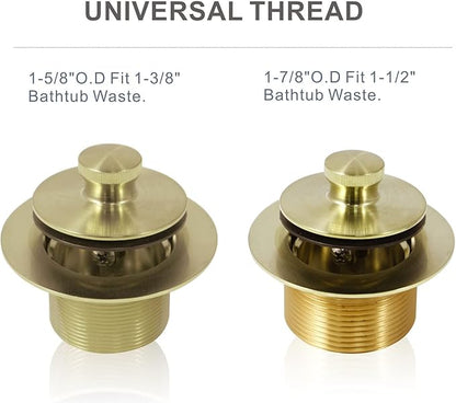 Gold Brushed tub Drain Lift &Turn Tub Trim Set with Two-Hole Overflow Faceplate Conversion Kit Assembly, Hidrop Bathtub Drain Replacement Trim Kit and Universal Fine/Coarse Thread, Gold Brushed