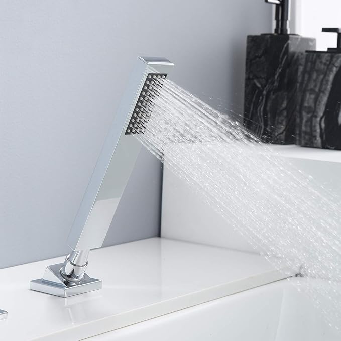 sumerain Four Hole Roman Tub Faucet with Hand Shower and Waterfall Spout Chrome Finish High Flow