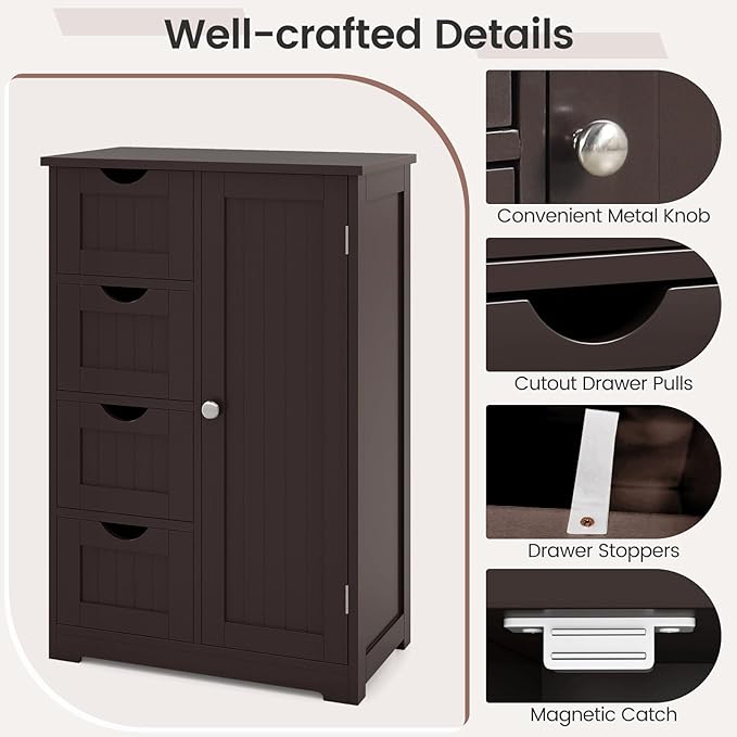 Tangkula Bathroom Floor Cabinet, Freestanding Storage Cabinet with 4 Drawers & Single Door, Adjustable Shelf, Multipurpose Bathroom Storage for Home Office, 21.5 x 12 x 32.5 Inches (Coffee)