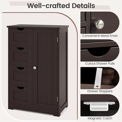 Tangkula Bathroom Floor Cabinet, Freestanding Storage Cabinet with 4 Drawers & Single Door, Adjustable Shelf, Multipurpose Bathroom Storage for Home Office, 21.5 x 12 x 32.5 Inches (Coffee)