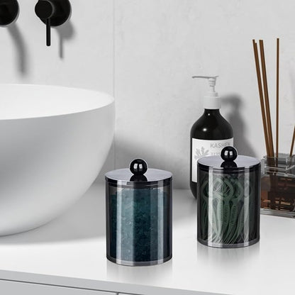 4 Pack Qtip Holder,Canister Apothecary Jar Set, Bathroom Jars with Lids Set for Cotton Swabs, Balls, Pads, Floss Picks,10oz-12oz Plastic Canisters Restroom Bedroom Vanity Organizer(Black)