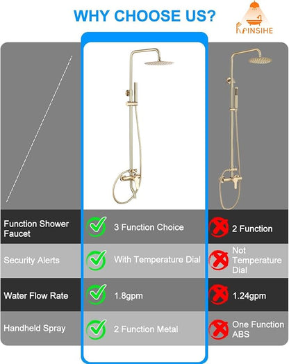 Outdoor Shower Kit Gold, Exposed Shower System with Tub Spout and 10'' Rainfall Shower Head, 3 Functions Handle Shower Faucet Sets with Dial Thermometer Brass Valve, Brushed Gold Finsh