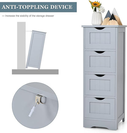 Tangkula Bathroom Floor Cabinet with 4 Drawers, Wooden Storage Cabinet w/Anti-Tipping Device, Freestanding Side Cabinet for Bathroom Home Office, 12 x 12 x 32.5 Inch (Grey, 4 Drawers)