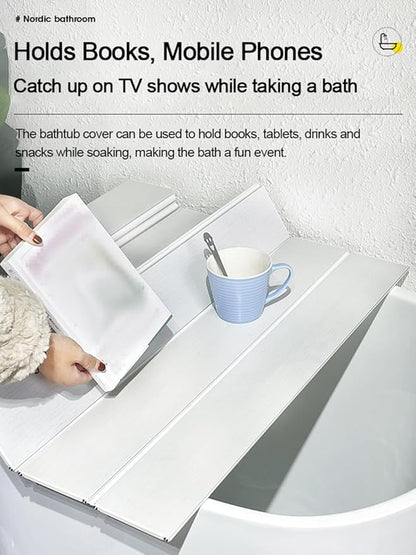 Adjustable Foldable Dust-Proof Bathtub Cover White,Waterproof Shutter Bathtub Tray & Laptop Desk 2 in 1 Fits Most Tubs,Modern Bath Tub Racks for Home (107x178CM(42"x70"), 0.47in Thick)
