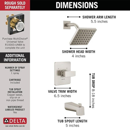 Delta Faucet Modern Brushed Nickel Tub and Shower Trim Kit, Shower Faucet with Single-Spray Touch-Clean Shower Head, Stainless T14467-SS-PP (Valve Not Included)
