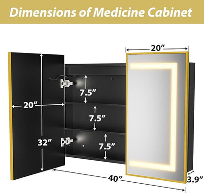 APRILSOUL 40X32 Inch Gold Bathroom Medicine Cabinet with Mirror, Recessed or Surface Lighted Medicine Cabinet with 3 Colors Temperature, Dimmable Light