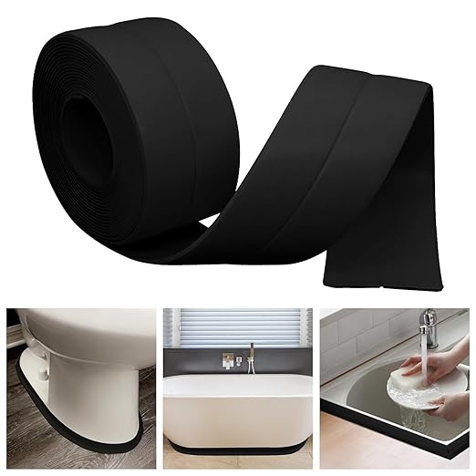 Caulk Tape Bath & Kitchen Self Adhesive Waterproof, Toilet Caulking Strip, Bathtub Sealing Strip Tape Shower Caulk Bathroom Sealant, Traditional Caulking Replacement (Black, 1.5" x10.5Ft)