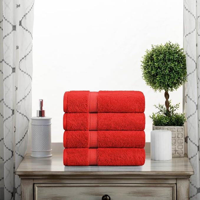 Superior Egyptian Cotton Pile Hand Towel Set of 4, Ultra Soft Luxury Towels, Thick Plush Essentials, Absorbent Heavyweight, Guest Bath, Hotel, Spa, Home Bathroom, Shower Basics, Red