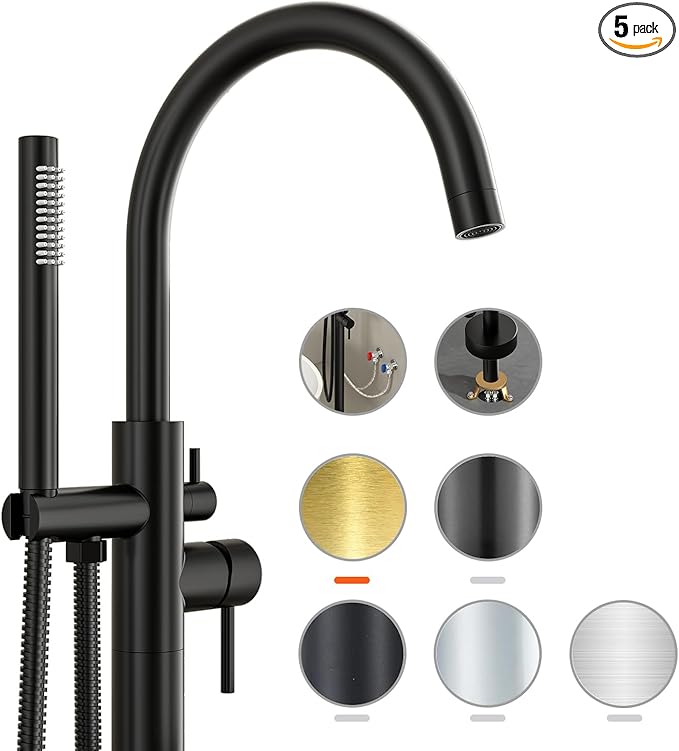 Freestanding Bathtub FaucetFloor Mount Bathtub Filler Shower Mixer Faucet with Handheld Shower Sprayer Swivel, Side Inlet，Matte Black