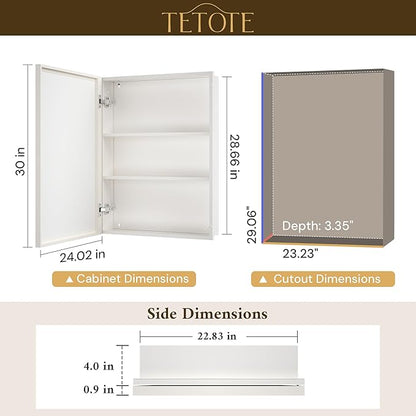 TETOTE White Medicine Cabinet Storage 24" x 30" Medicine Cabinet with Metal Beveled Framed Mirror Stepless Adjustable Shelves for Bathroom Vanity