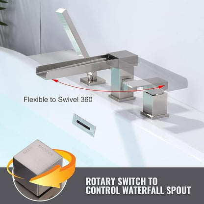 Waterfall Roman Tub Filler Faucet, Deck Mount Bathtub Filler with 360° Swivel Spout, 3 Holes Bathroom Tub Faucet with Sprayer, Brushed Nickel