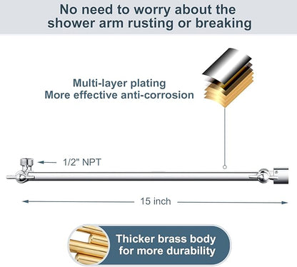 BRIGHT SHOWERS 15 Inch Extra Long Shower Head Extension Arm, Solid Brass Shower Arm Extender with Locking Screw for Rain and Handheld Showerhead, Height & Angle Adjustable, Chrome