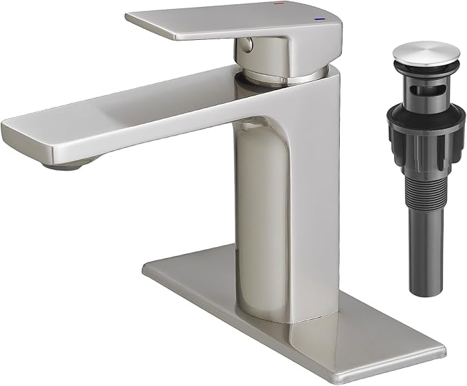 VOTON Brass Bathroom Faucet, Brushed Nickel Finish, Single Handle, 1 or 3 Hole Installation, Pop-up Drain, Flexible Hoses