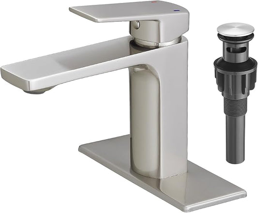 VOTON Brass Bathroom Faucet, Brushed Nickel Finish, Single Handle, 1 or 3 Hole Installation, Pop-up Drain, Flexible Hoses